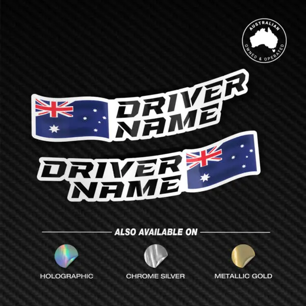 Custom Driver Name Flag Vinyl Stickers Pack x2