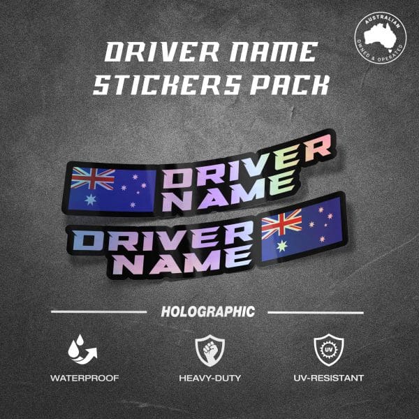 Custom Driver Name Flag Vinyl Holographic Stickers Pack x2