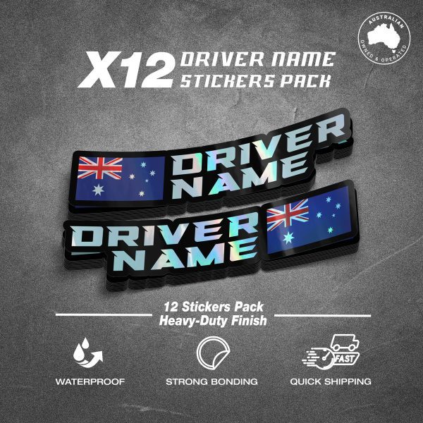 Custom Driver Name Flag Holographic Black Stickers Pack x12