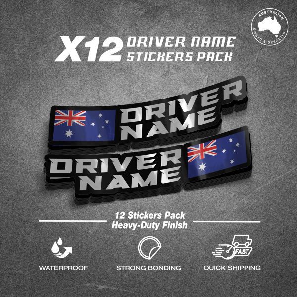 Custom Driver Name Flag Silver Black Stickers Pack x12