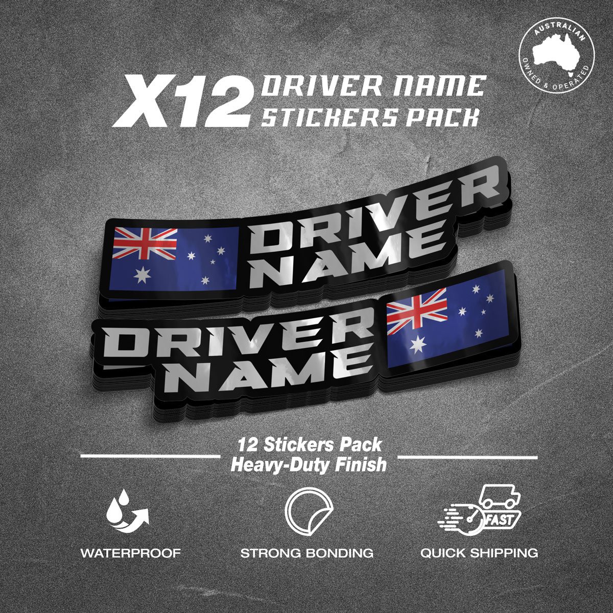 Custom Driver Name Flag Silver Black Stickers Pack x12