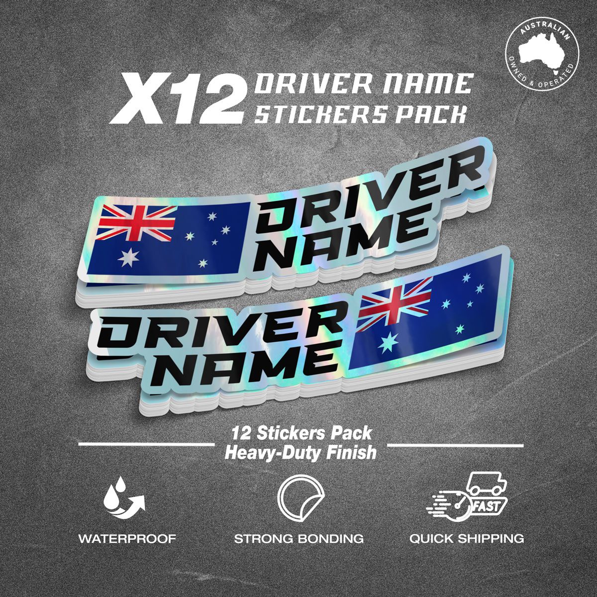 Custom Driver Name Flag Vinyl Holographic Stickers Pack x12