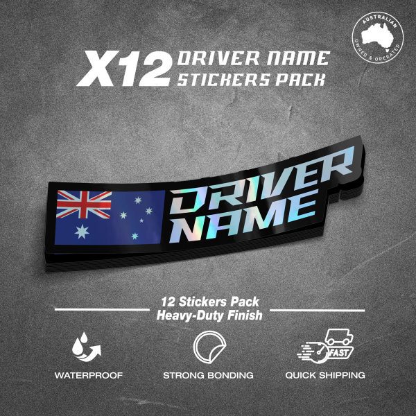 Custom Driver Name Flag Holographic Black Stickers Pack x12
