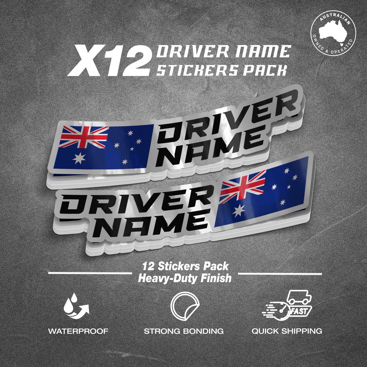 Custom Driver Name Flag Vinyl Silver Stickers Pack x12