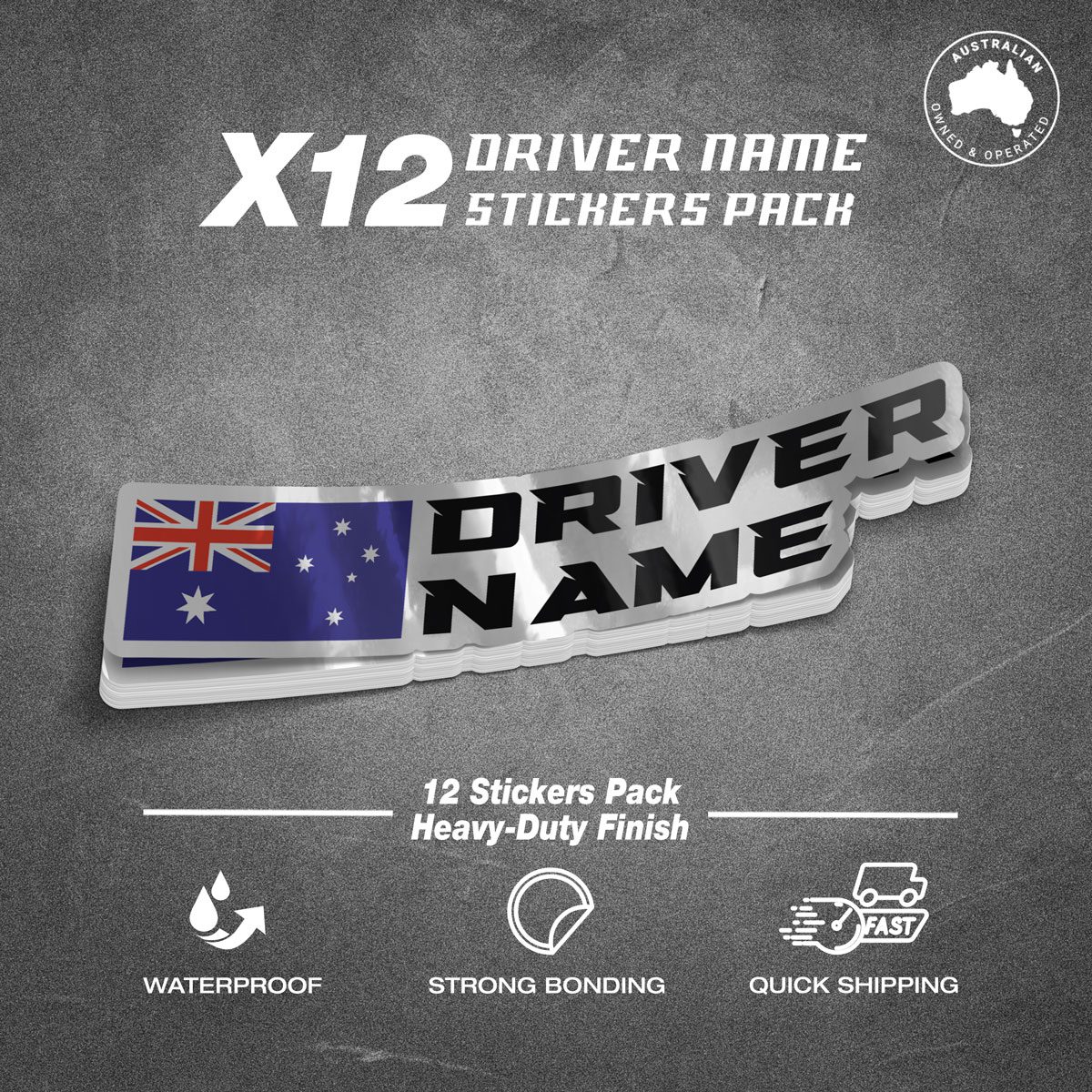 Custom Driver Name Flag Vinyl Silver Stickers Pack x12